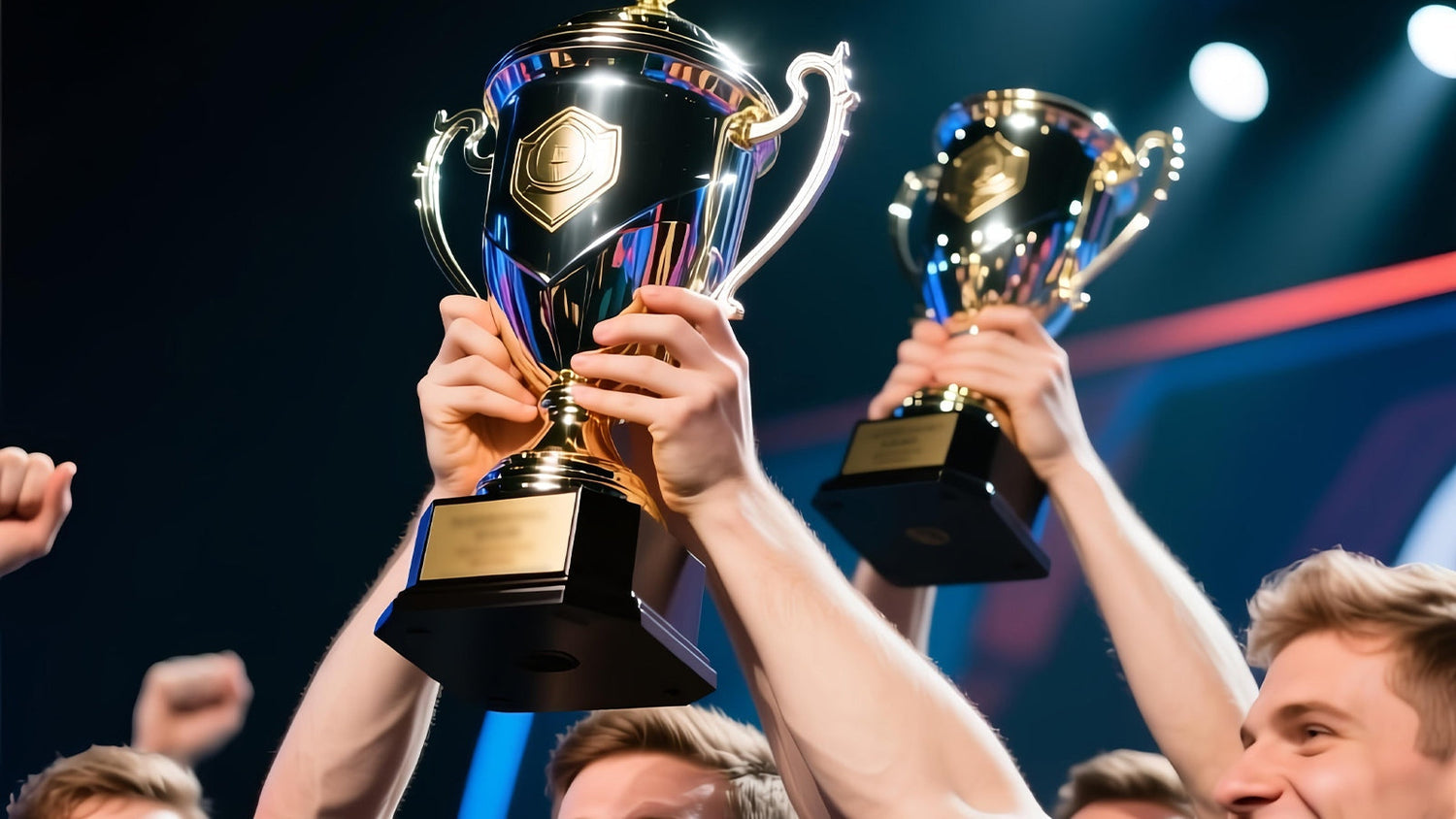 A team of champions celebrating their victory by lifting two large gold trophies on stage