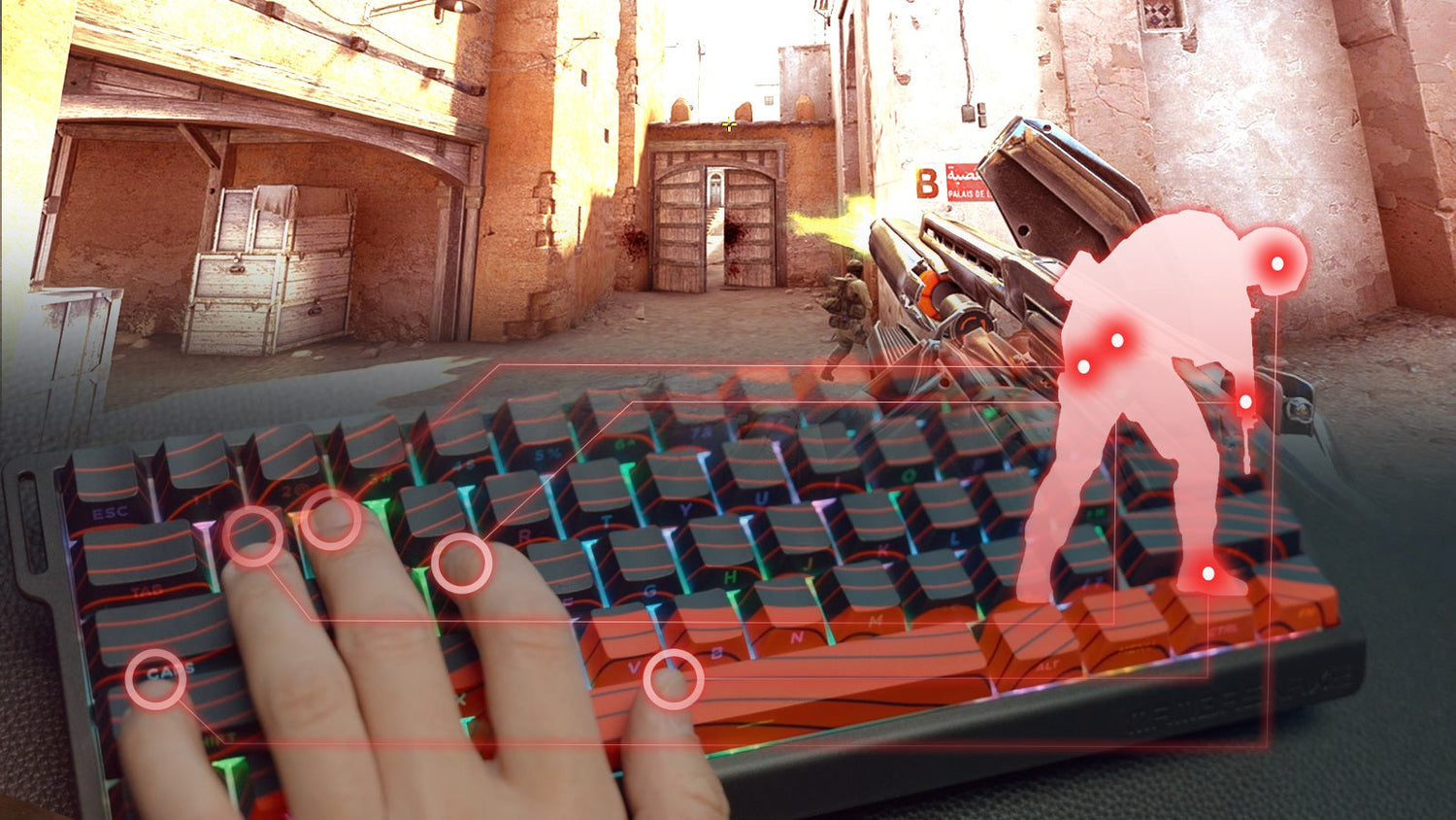 A gamer’s hand on a mechanical keyboard with highlighted keys, overlaid with a first-person shooter game scene showing enemy targets marked in red.