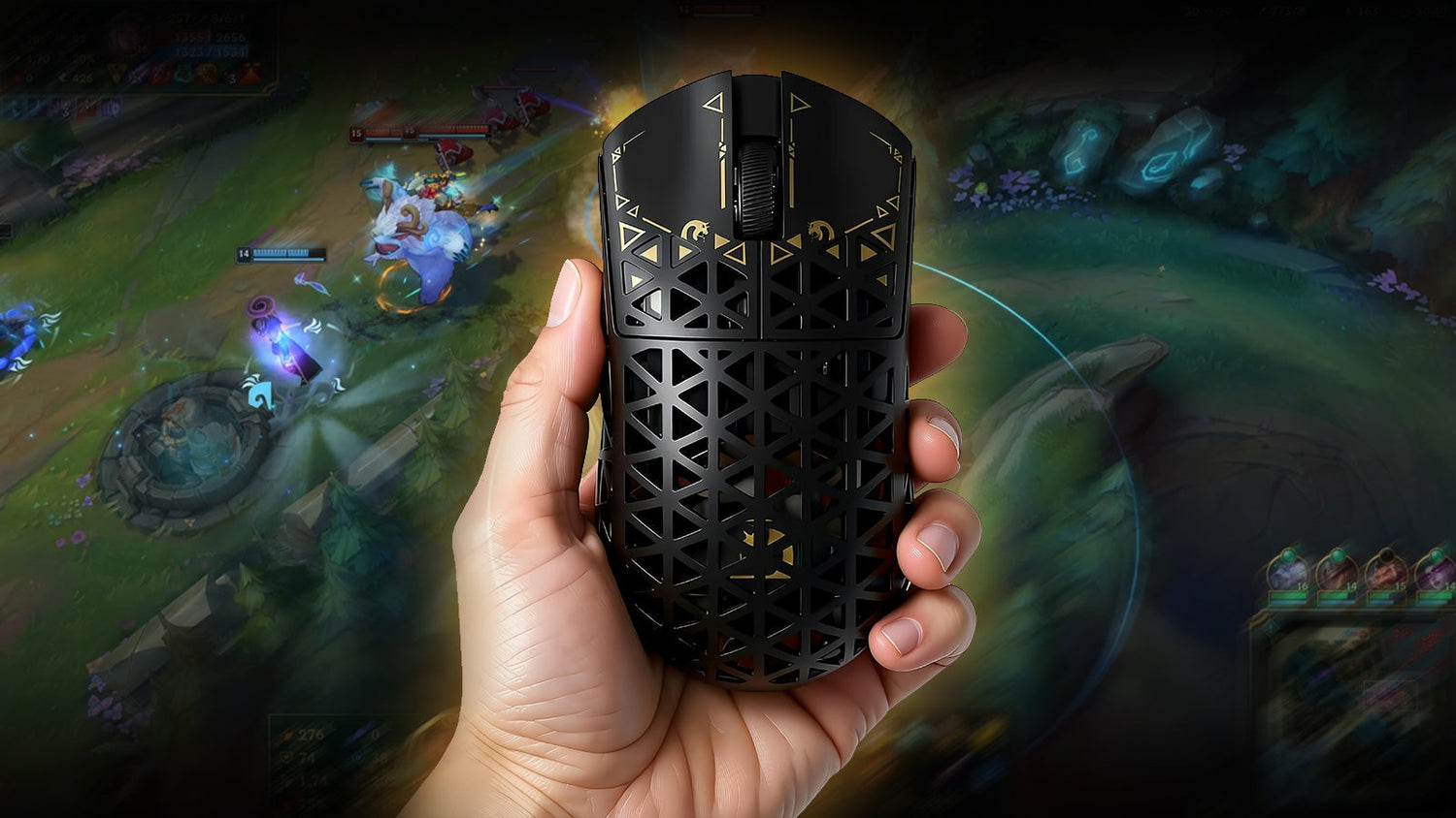 A hand gripping a black gaming mouse with a honeycomb design, with a MOBA game battle scene in the background.