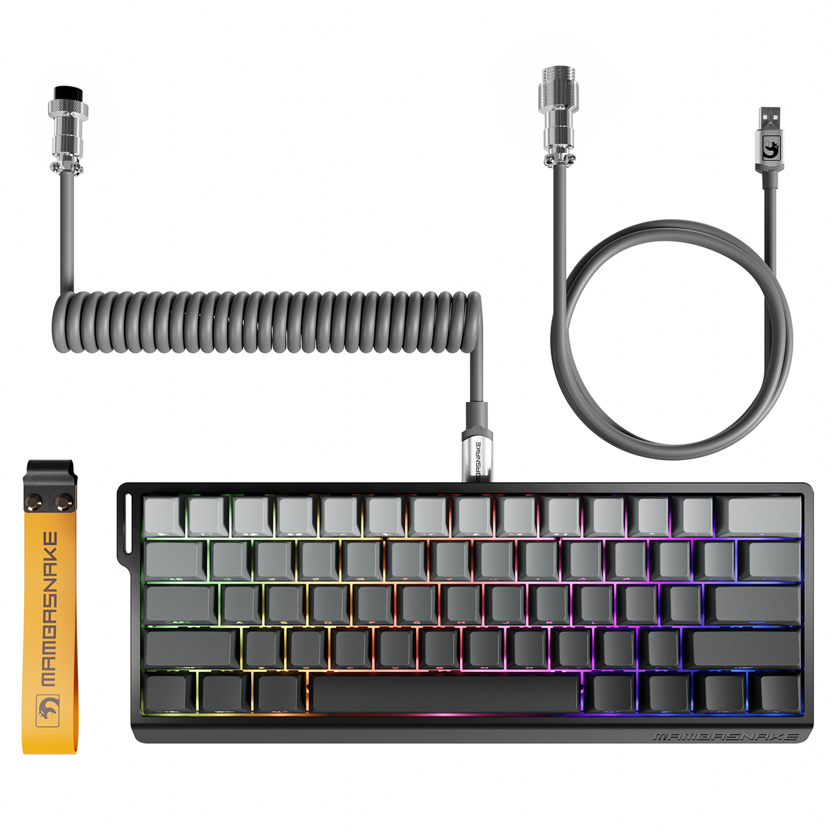 MAMBASNAKE X60 HE wireless keyboard with coiled cable, black case, gray keycaps, and RGB lighting for gaming.