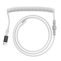 White coiled USB-C mechanical keyboard cable with USB-A adapter