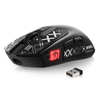 MAMBASNAKE M4 wireless lightweight gaming mouse, black body with red RGB illuminated logo and TAPE, alongside its USB receiver, showcasing its wireless connectivity.