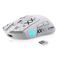 MAMBASNAKE M4 wireless lightweight gaming mouse, white body with blue RGB illuminated logo and TPAE, alongside its USB receiver, showcasing its wireless connectivity.
