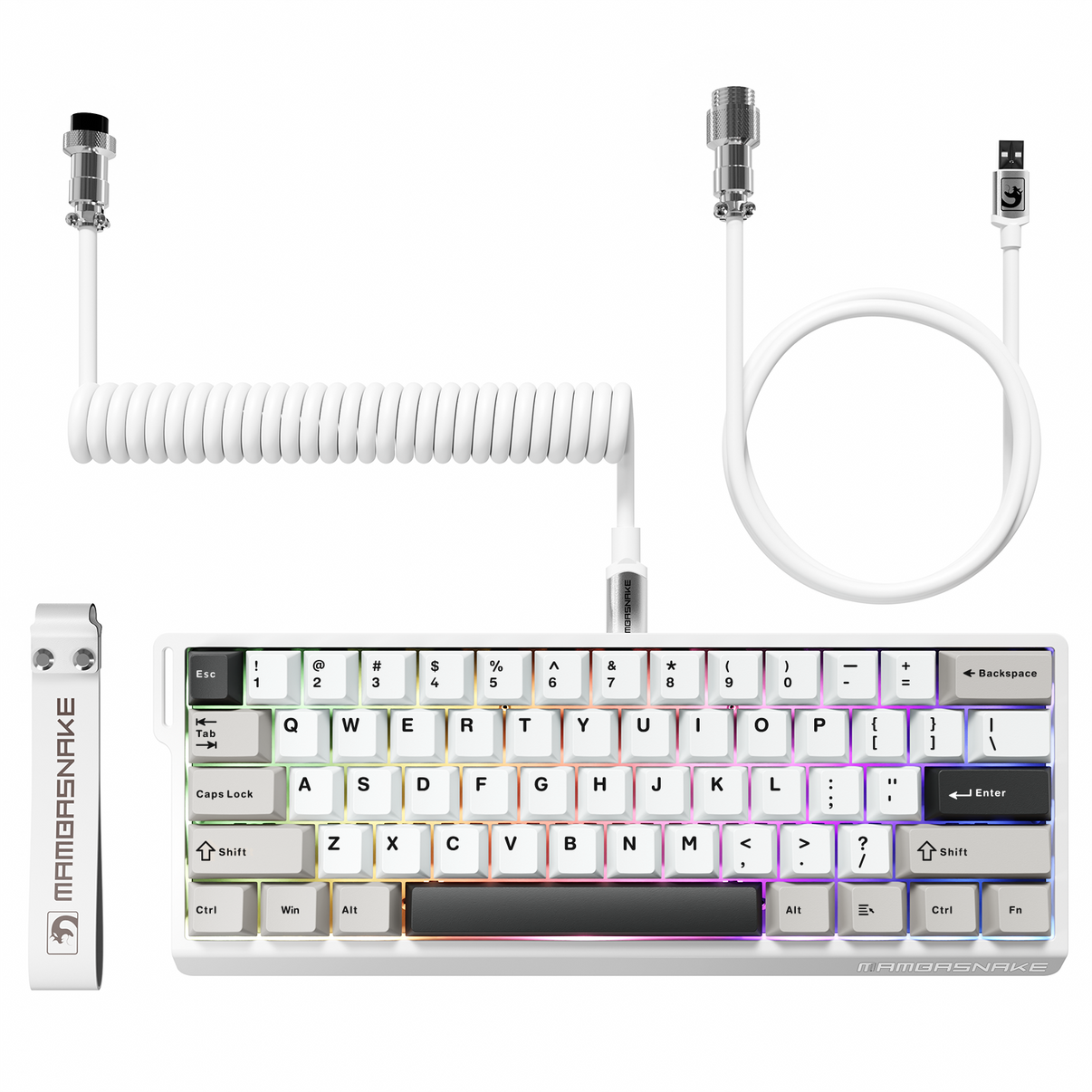 MAMBASNAKE X60 HE wireless keyboard. White, compact 60% with magnetic switches, coiled cable, and RGB lighting.
