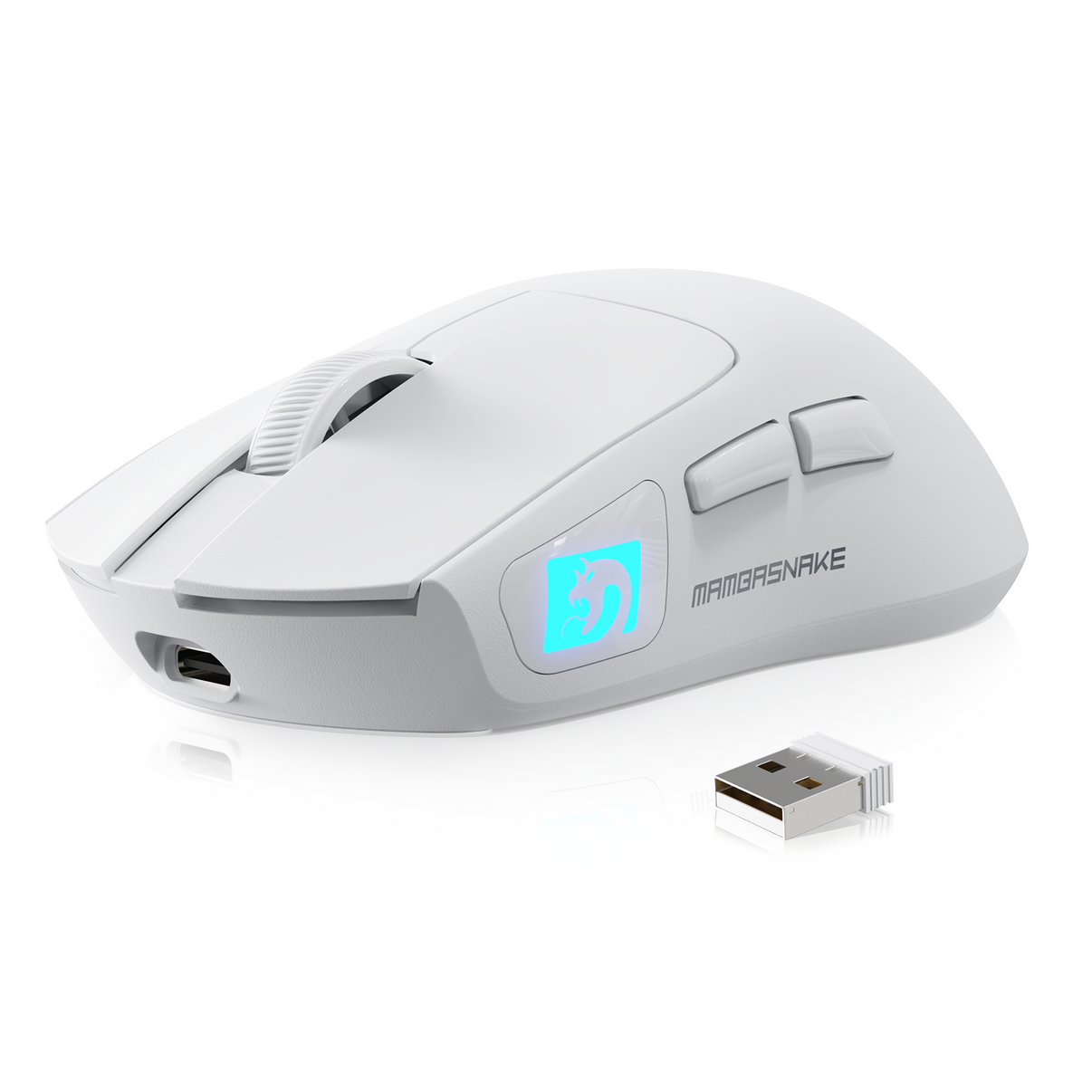MAMBASNAKE M4 wireless lightweight gaming mouse, white body with blue RGB illuminated logo, alongside its USB receiver, showcasing its wireless connectivity.