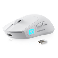 MAMBASNAKE M4 wireless lightweight gaming mouse, white body with blue RGB illuminated logo, alongside its USB receiver, showcasing its wireless connectivity.