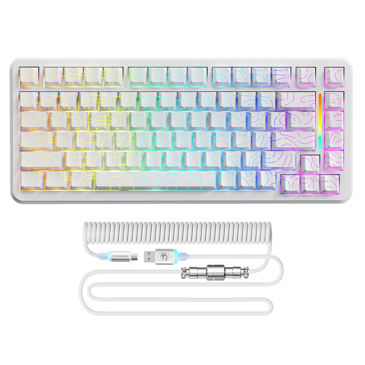 MAMBASNAKE M82 HE 75% gaming keyboard with white PBT keycaps, RGB backlighting, and coiled cable.