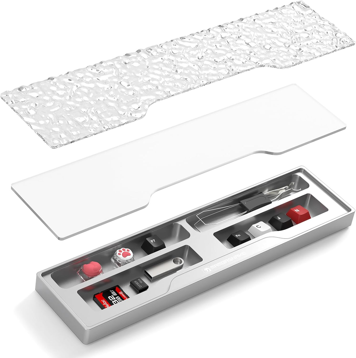 MAMBASNAKE Aluminum Alloy Keyboard Wrist Rest with storage, silver metal finish, includes keycaps and accessories.