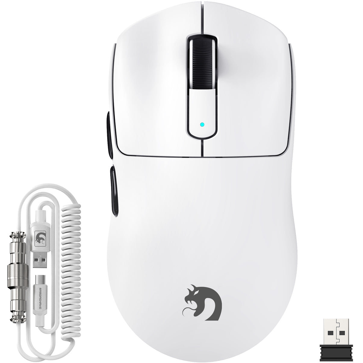 MAMBASNAKE M3 Wireless Gaming Mouse - White, ultralight 39g design, includes a coiled cable and USB receiver.