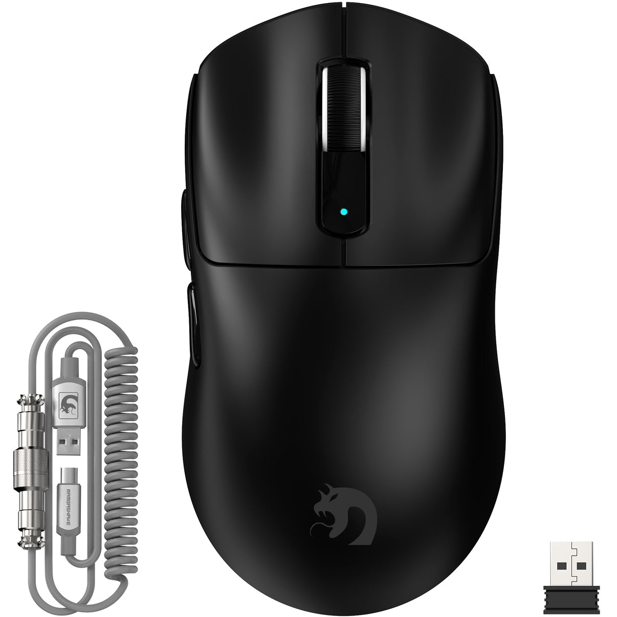 MAMBASNAKE M3 Lightweight Wireless Gaming Mouse in black, includes USB receiver and coiled cable for 8KHz.