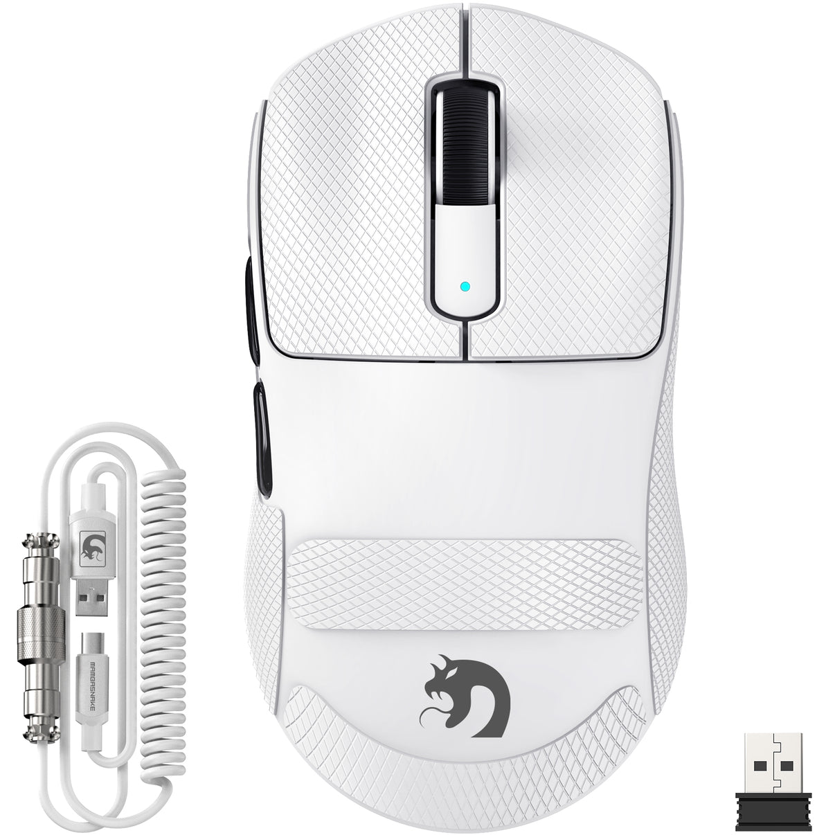 MAMBASNAKE M3 White Wireless Gaming Mouse + TAPE - Ultralight design with coiled cable and USB receiver.