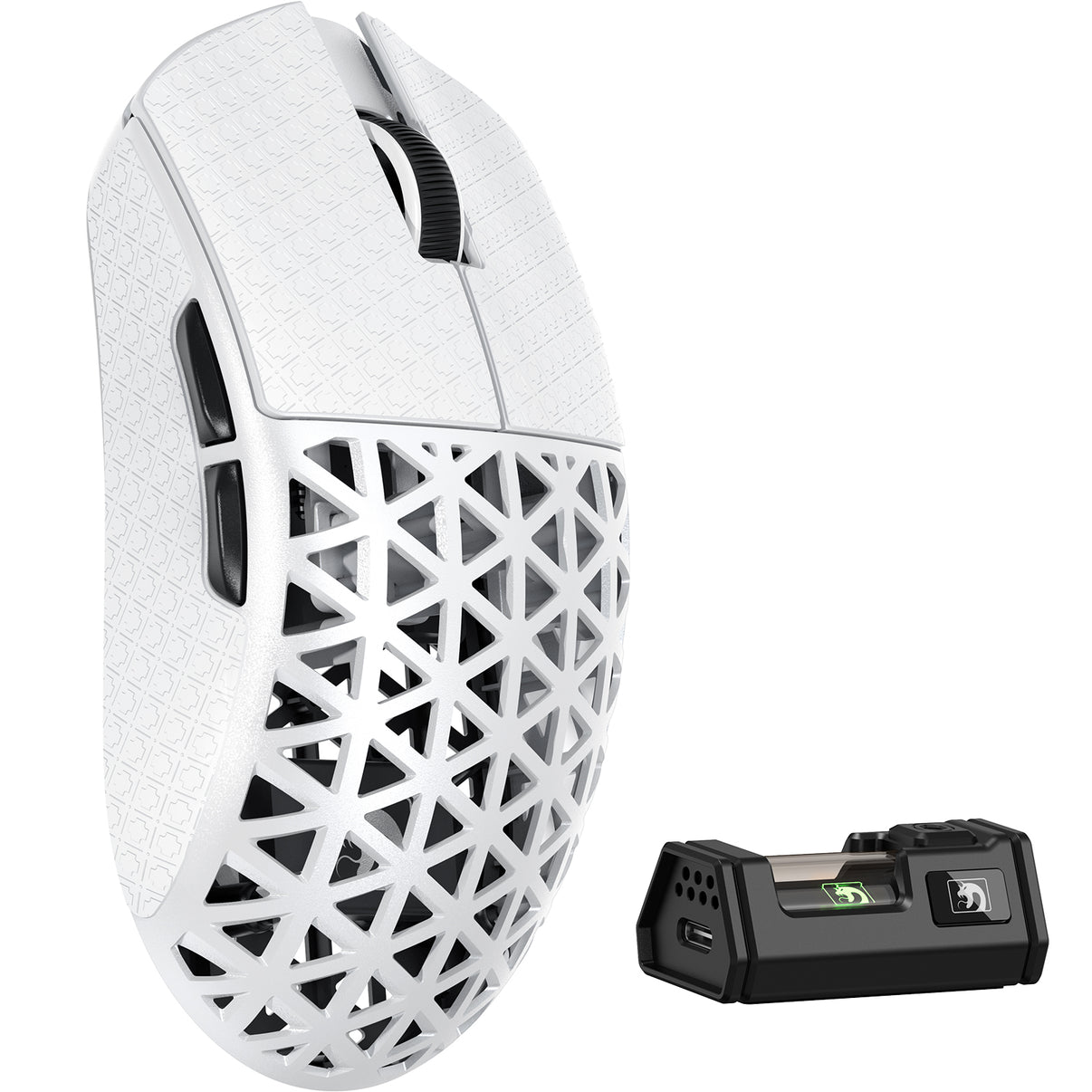MAMBASNAKE M5 Ultra Wireless Gaming Mouse - White carbon fiber design with Griptape, 8KHz polling rate, with charging dock.