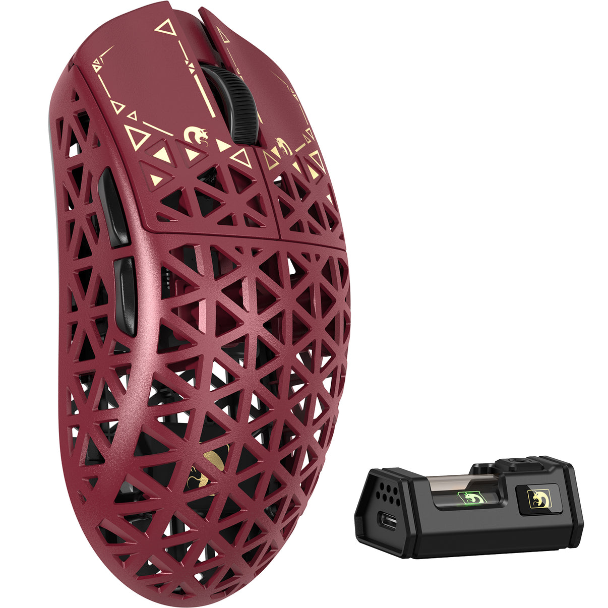 MAMBASNAKE M5 Ultra Wireless Gaming Mouse - Red carbon fiber design, 8KHz polling rate, with charging dock.