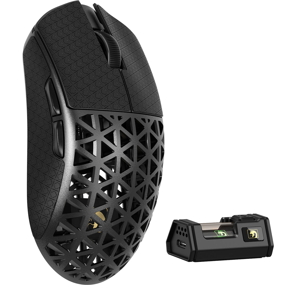 MAMBASNAKE M5 Ultra Wireless Gaming Mouse - Black carbon fiber design with Griptape, 8KHz polling rate, with charging dock.