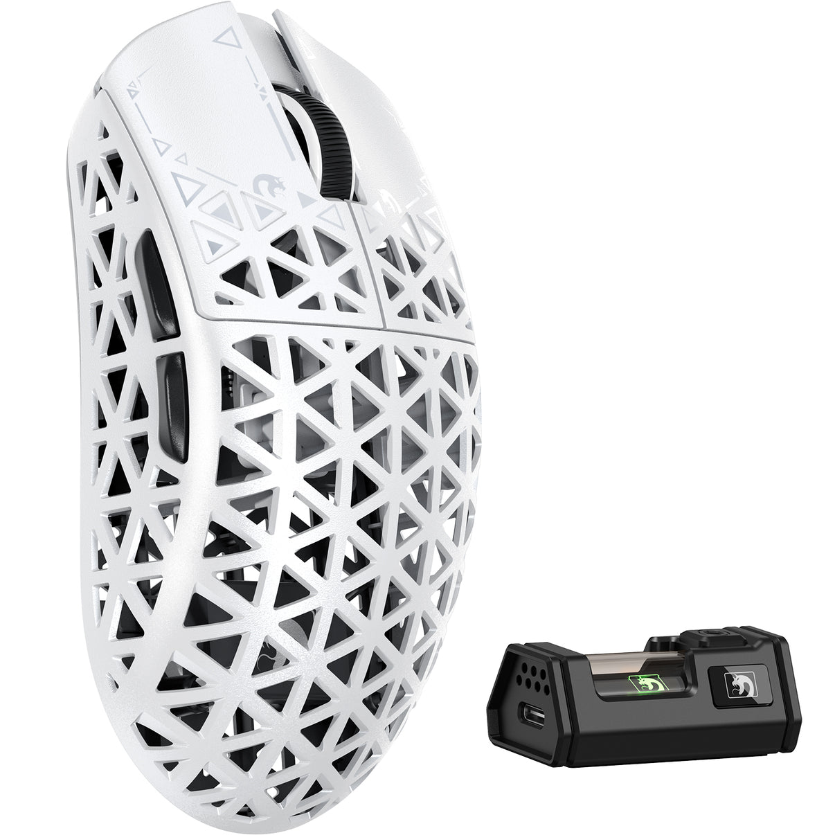 MAMBASNAKE M5 Ultra Wireless Gaming Mouse - White carbon fiber design, 8KHz polling rate, with charging dock.