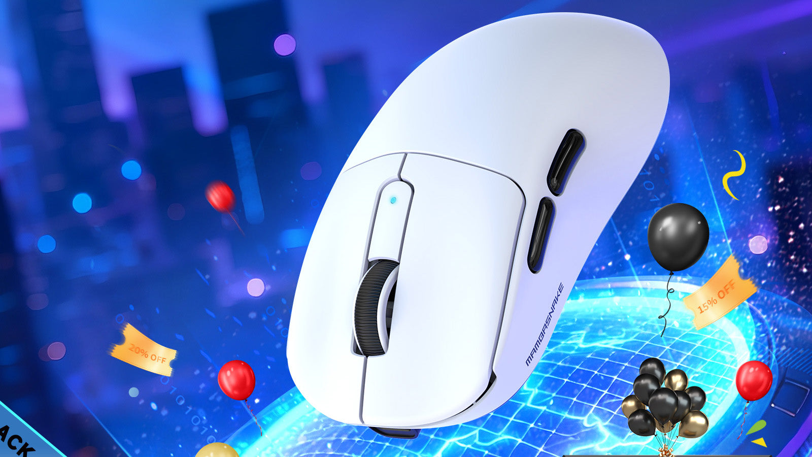 A white gaming mouse is featured in a promotional setting with "15% OFF" and "20% OFF" tags against a futuristic background