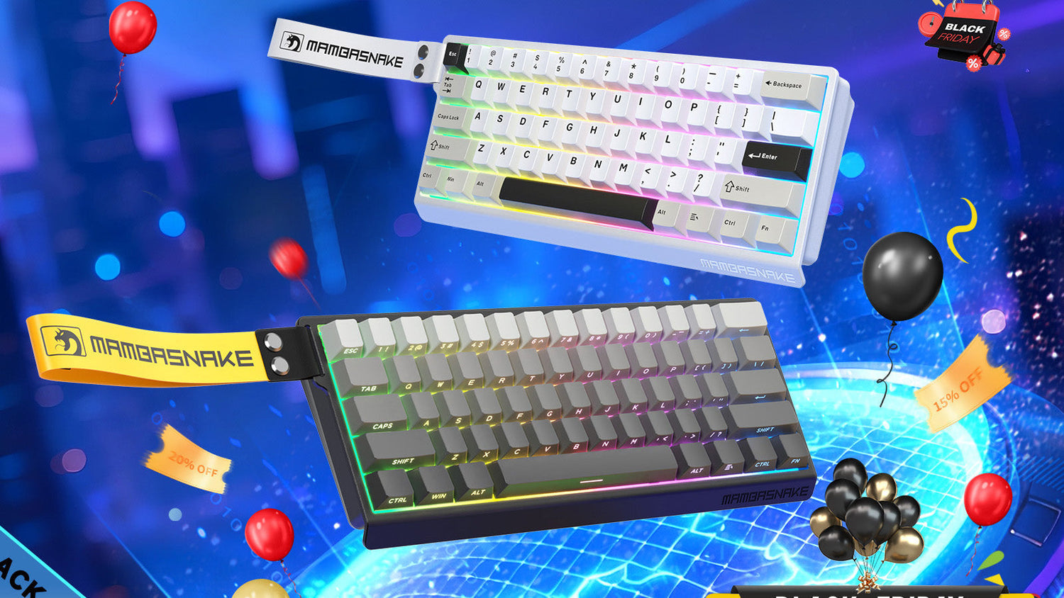 Black Friday sale promotion featuring two Mambasnake keyboards, one black and one white, with discount tags and balloons