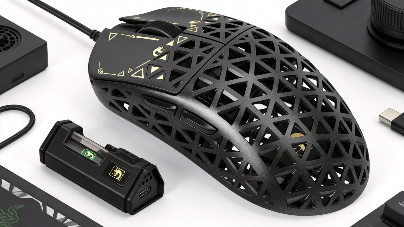 Ultra-lightweight 39g carbon fiber gaming mouse shell with visible weave for high-performance FPS gaming rigidity.