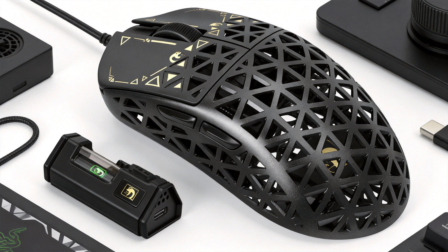 Ultra-lightweight 39g carbon fiber gaming mouse shell with visible weave for high-performance FPS gaming rigidity.