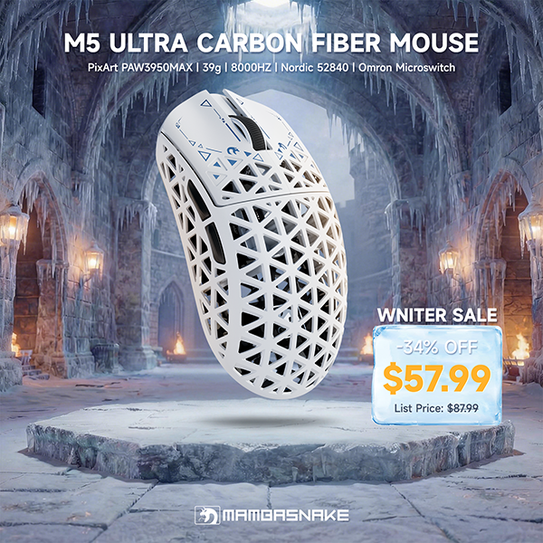 PixArt PAW3950MAX sensor in Mambasnake M5 Ultra gaming mouse for precision tracking and high polling in Valorant.