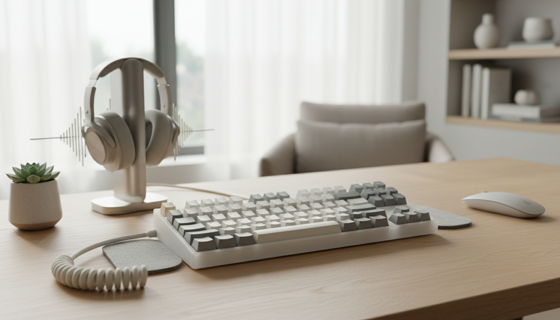 Front view of a modern mechanical keyboard on a desk, emphasizing a cushioned typing feel and refined sound-focused design