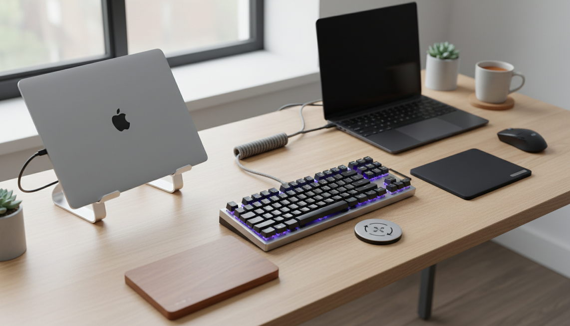 A gaming keyboard on a desk beside a Mac laptop and a Windows laptop, showing a dual-platform setup for basic typing and shortcuts