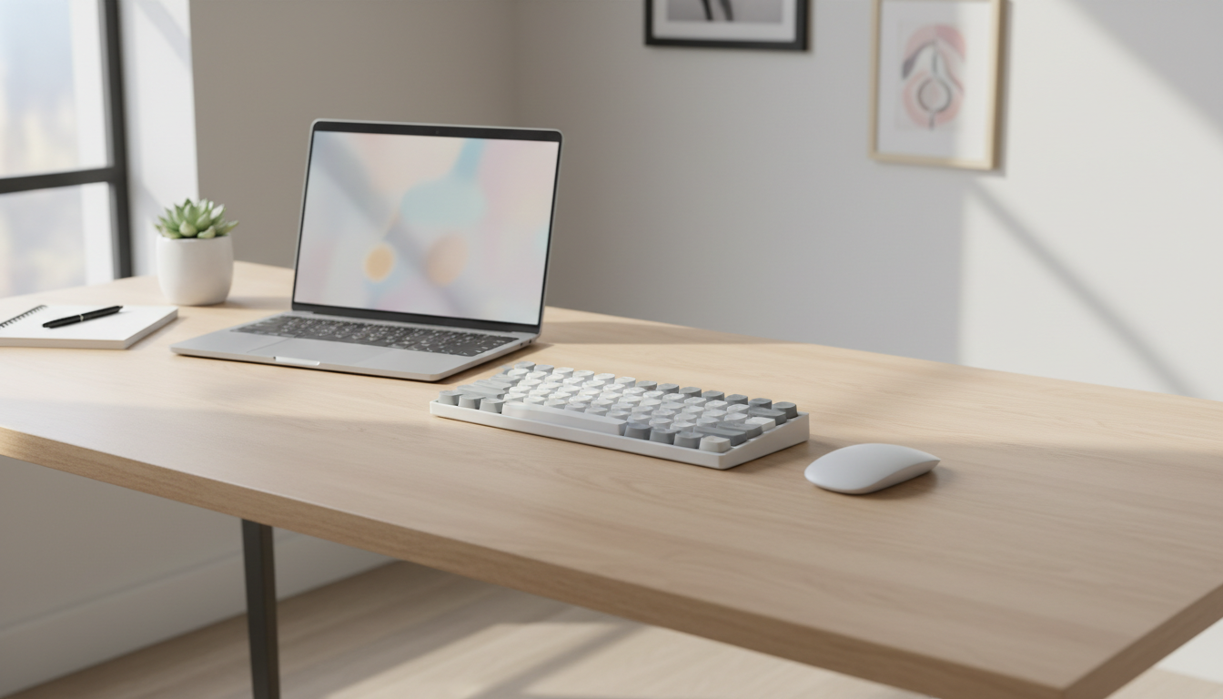 Compact 75% keyboard on a clean desk beside a mouse, shown as a balanced everyday setup with room for both typing and gaming.