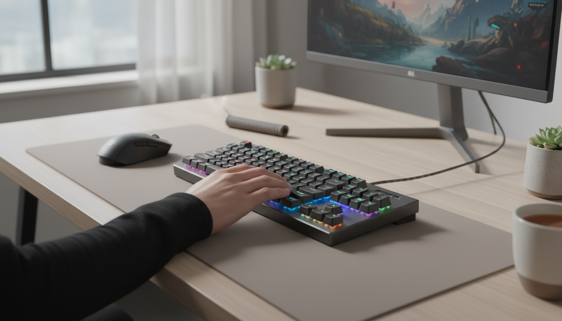 Magnetic gaming keyboard on a desk with a close-up view of the key switches and hands pressing keys during play