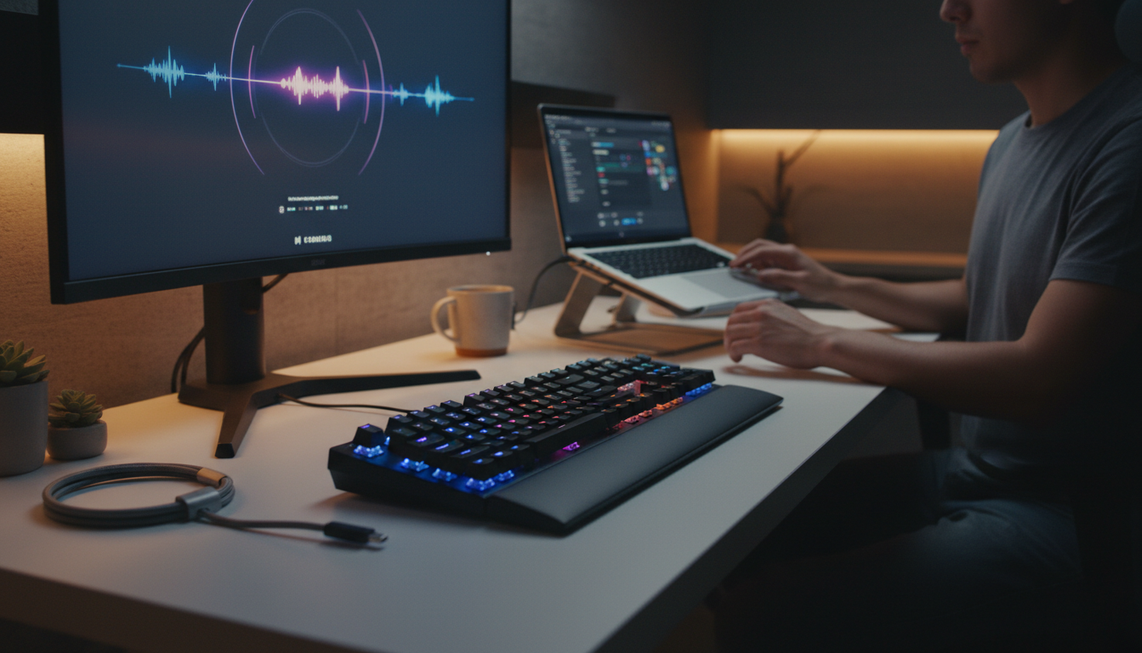 Hall effect gaming keyboard on a clean desk with a hand adjusting typing settings in a software screen
