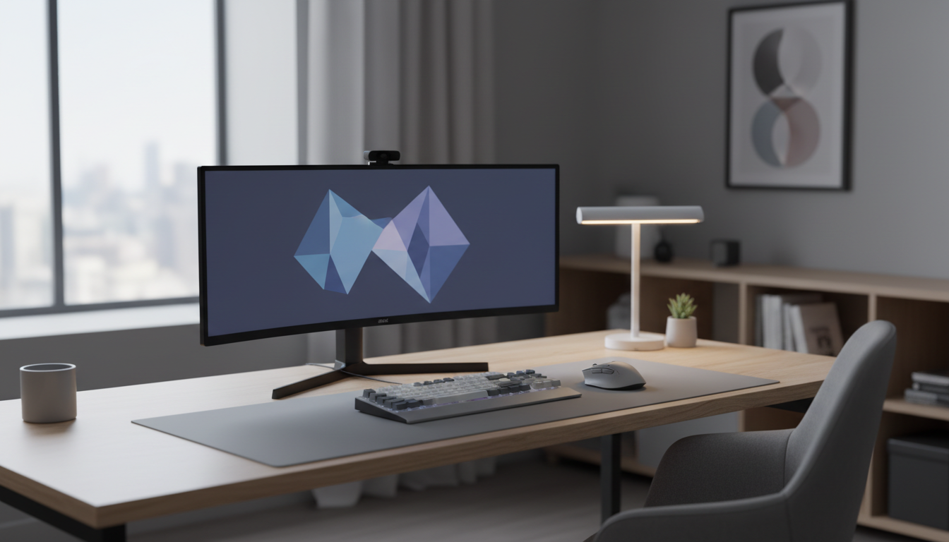 A gaming keyboard on a desk beside a monitor and mouse in a bright home setup, representing keyboard polling rate and latency discussion