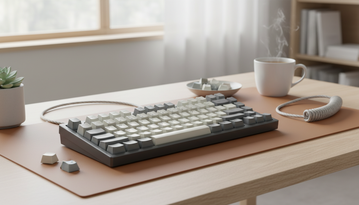 A mechanical keyboard with ceramic keycaps on a clean desk, shown as a premium desktop setup with soft natural light