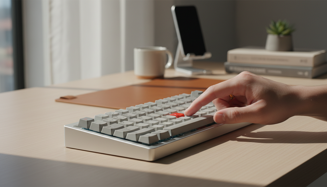 Compact magnetic-switch keyboard on a clean desk with a hand demonstrating different key press depths in a productivity setup