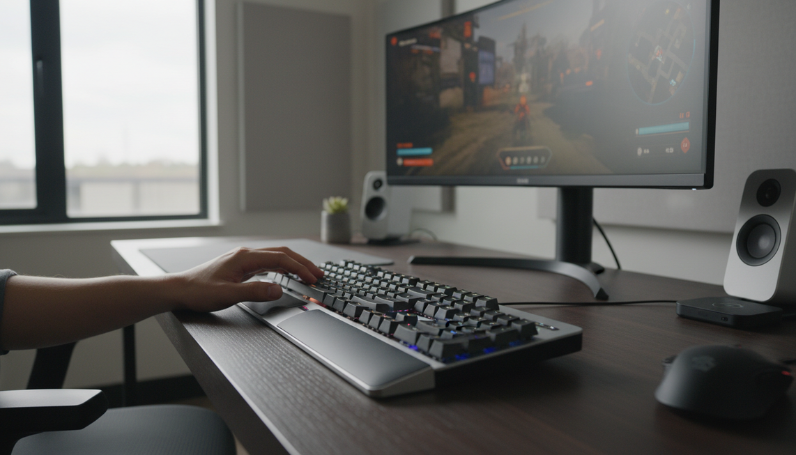 Rapid trigger gaming keyboard on a clean desk beside a monitor and hand hovering over the keys