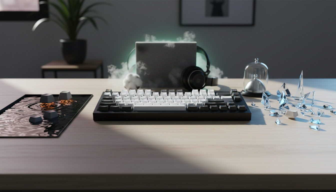 Mechanical keyboard on a desk with a deep, full sound profile emphasis