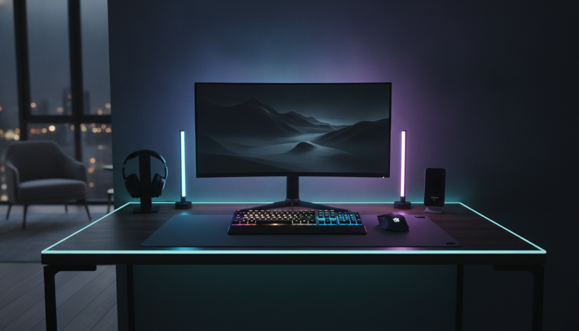 RGB gaming desk with a keyboard and mouse as the main focus, soft background glow, and subtle desk-edge lighting
