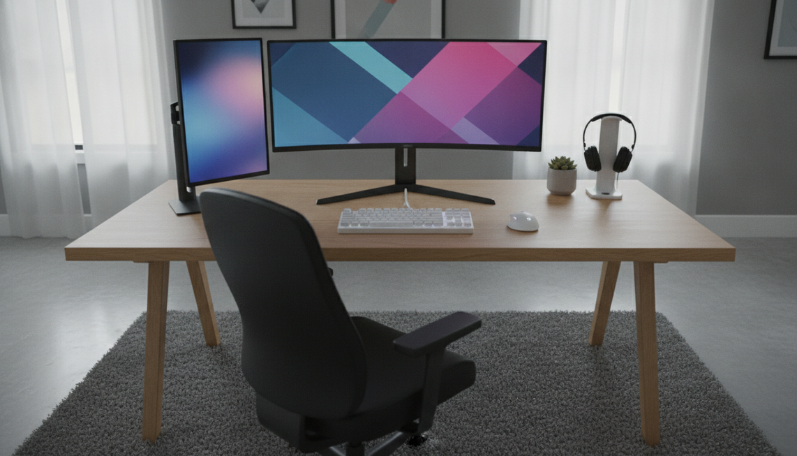 Dual-monitor gaming desk with the keyboard and mouse centered on the main gameplay screen and a second monitor placed off to the side