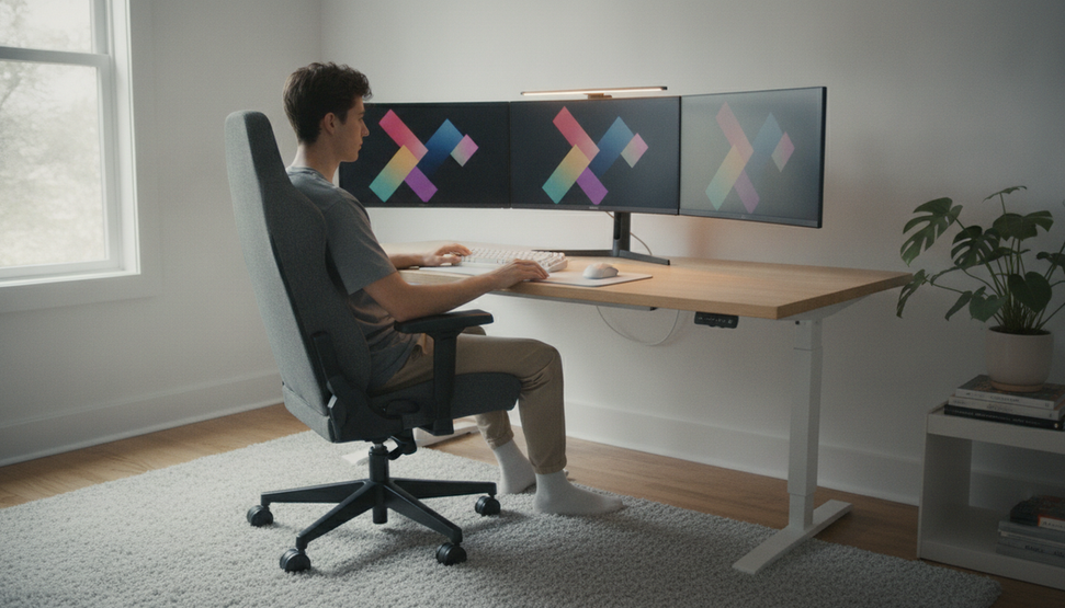 Gaming setup desk, chair, keyboard, mouse, and monitor arranged for an ergonomic seated position