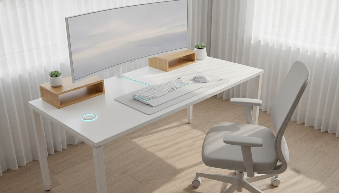 White and wood gaming desk styled with a white keyboard, mouse, and mat, plus one warm wood accent and a subtle RGB cable in a clean desktop layout