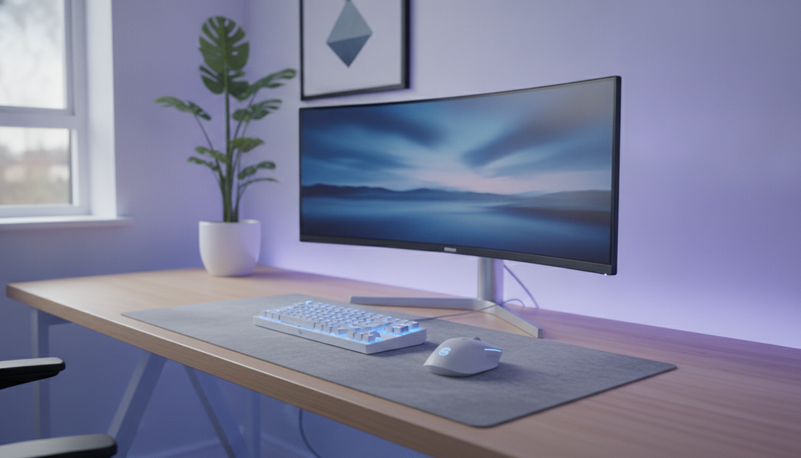 Clean gaming desk setup with keyboard and mouse in the active play area, monitor visible, subtle lighting, and a few background elements kept simple for streaming