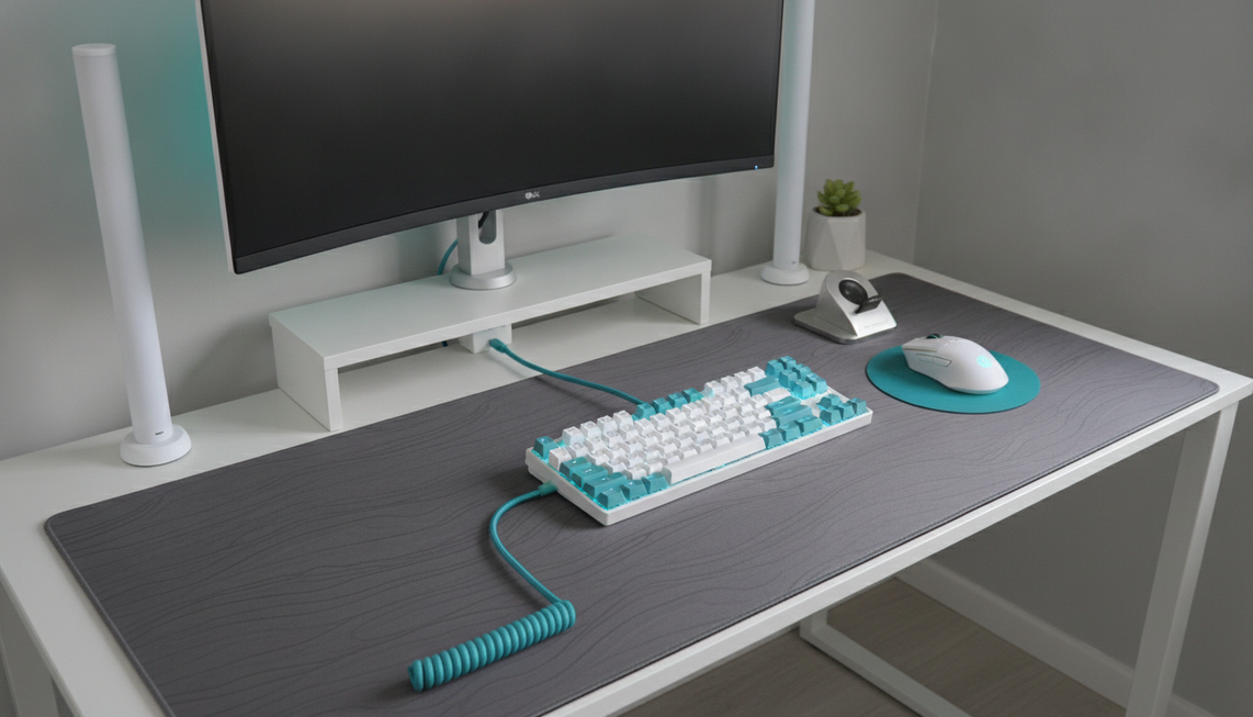 Coordinated gaming desk with a large mousepad, keyboard, mouse, and coiled cable arranged for balanced color matching