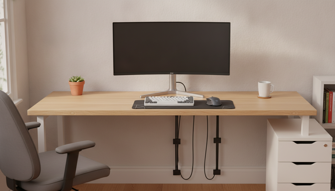 Compact gaming keyboard and mouse arranged on a small desk with a monitor centered above them, showing a clear mouse lane