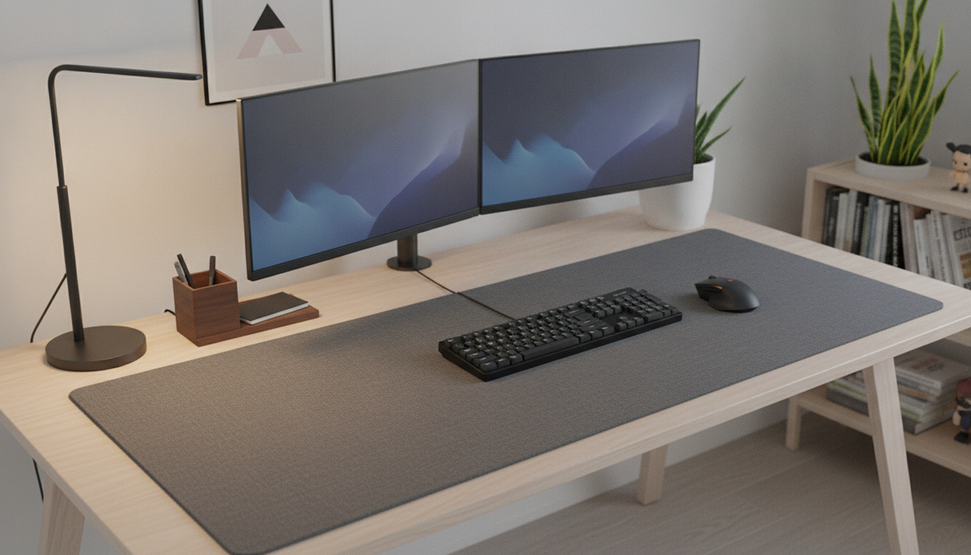 Gaming desk setup with a keyboard and mouse arranged on a mat across a measured workspace