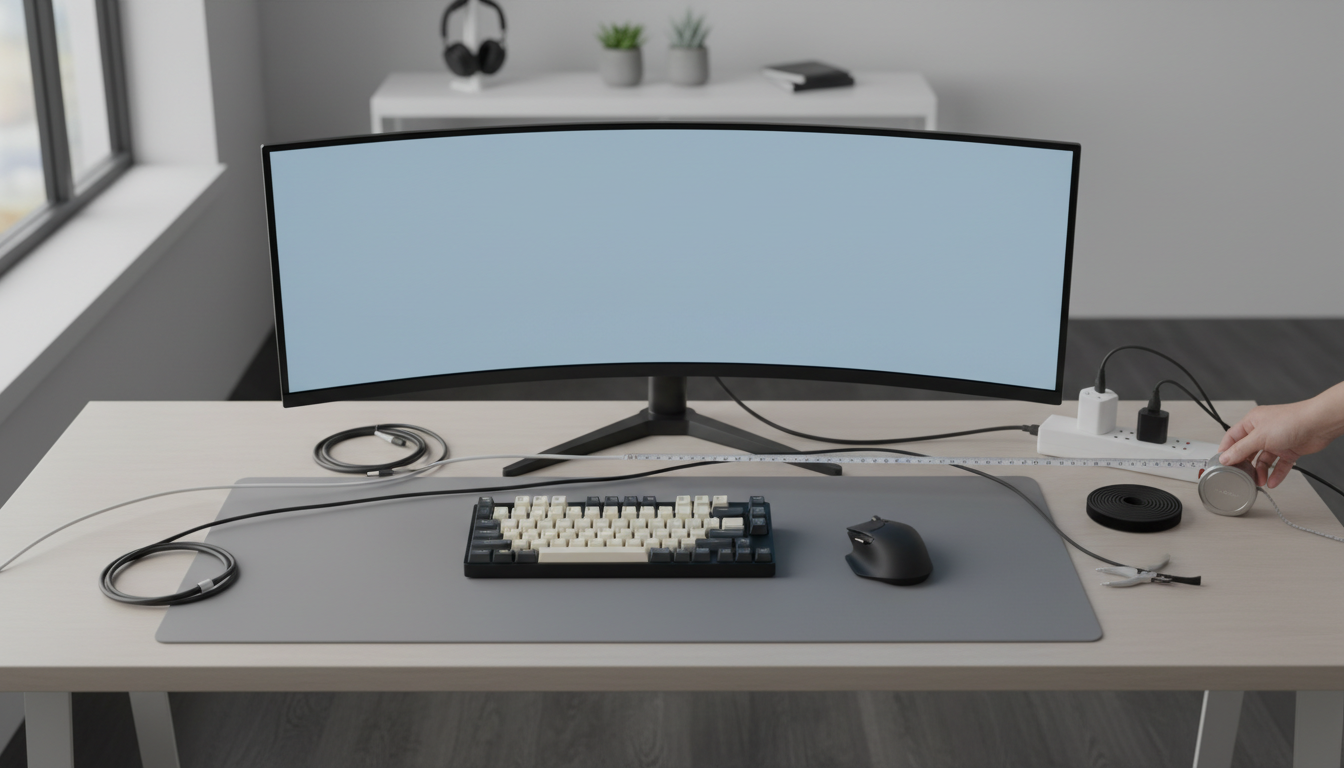 Clean gaming desk cable planning setup with keyboard, mouse, monitor, and power connections arranged for measurement before purchase