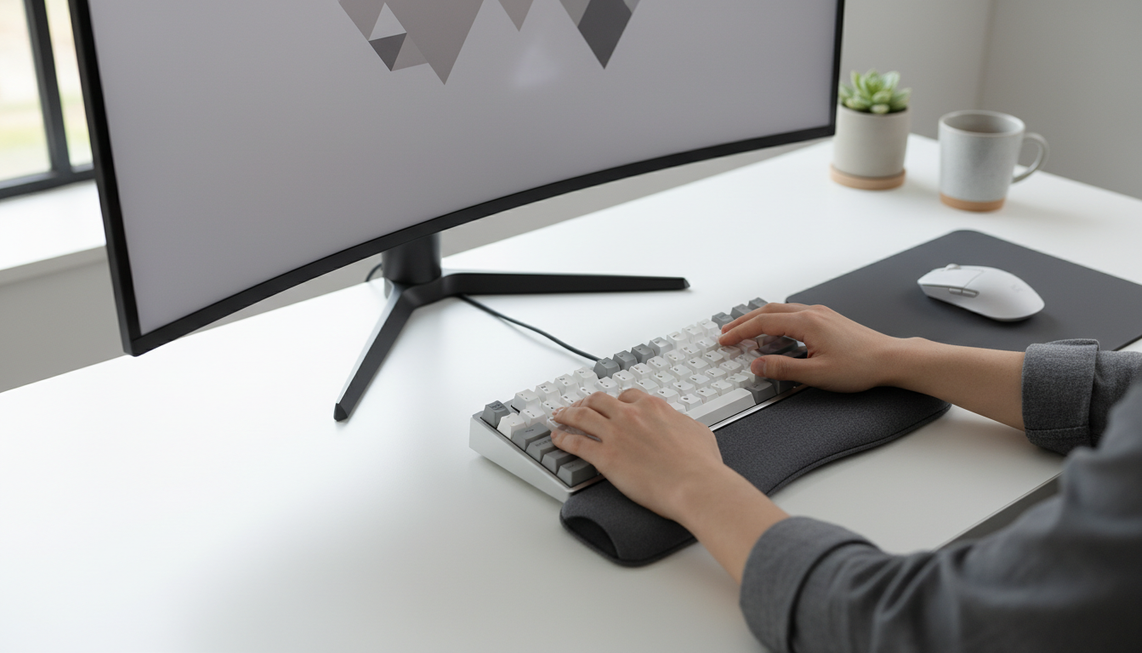 Gaming keyboard wrist rest on a desk beside a compact keyboard, shown as a fit-check setup for width, height, and surface choice