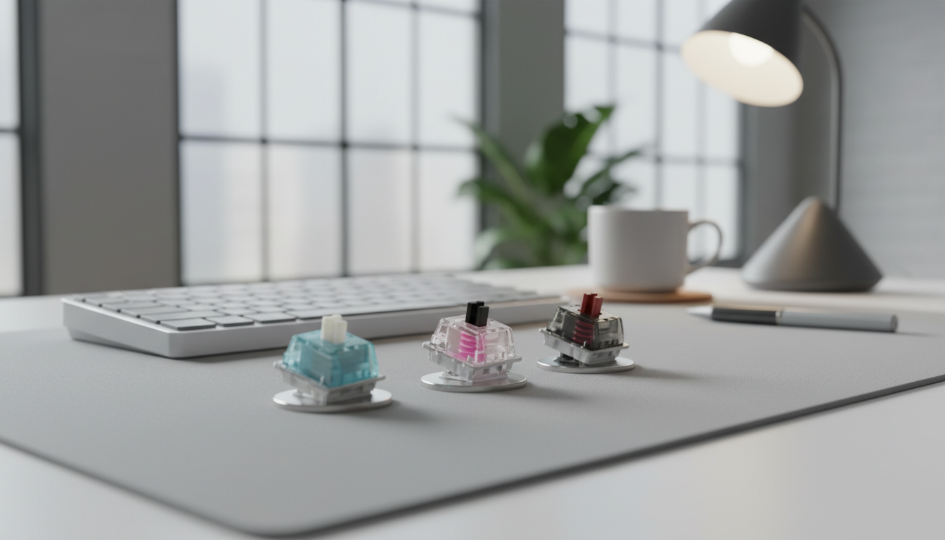 Keyboard switch weight comparison with three mechanical switches arranged for a side-by-side feel test