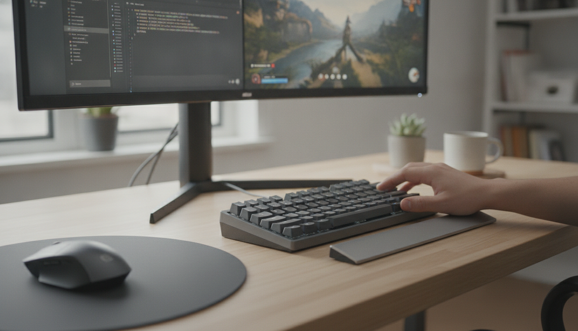 Compact gaming keyboard on a desk with a hand testing layered navigation and shortcut access