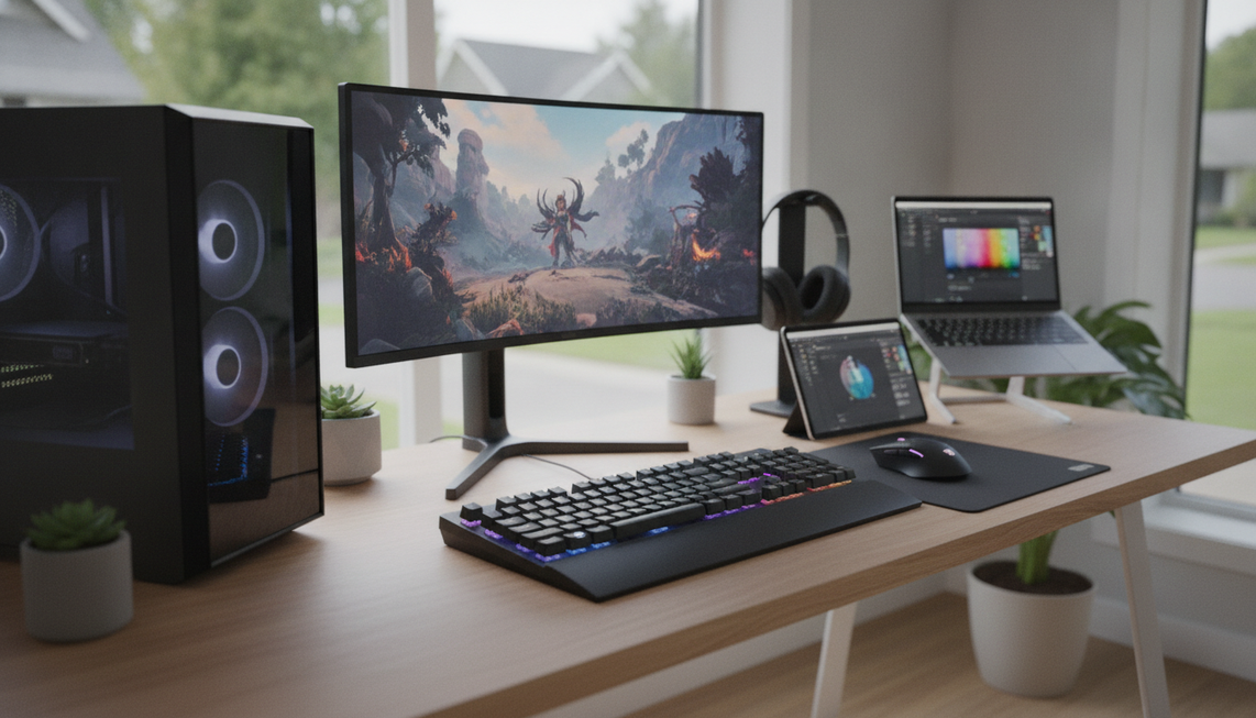 Wireless gaming keyboard on a clean desk with a laptop, tablet, and gaming PC setup in a bright home office