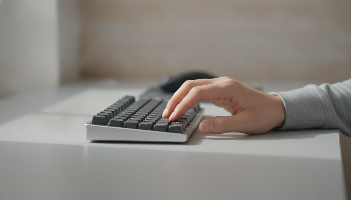 Small gaming keyboard on a desk with a hand resting in a natural typing position, showing reach and control access for compact layouts