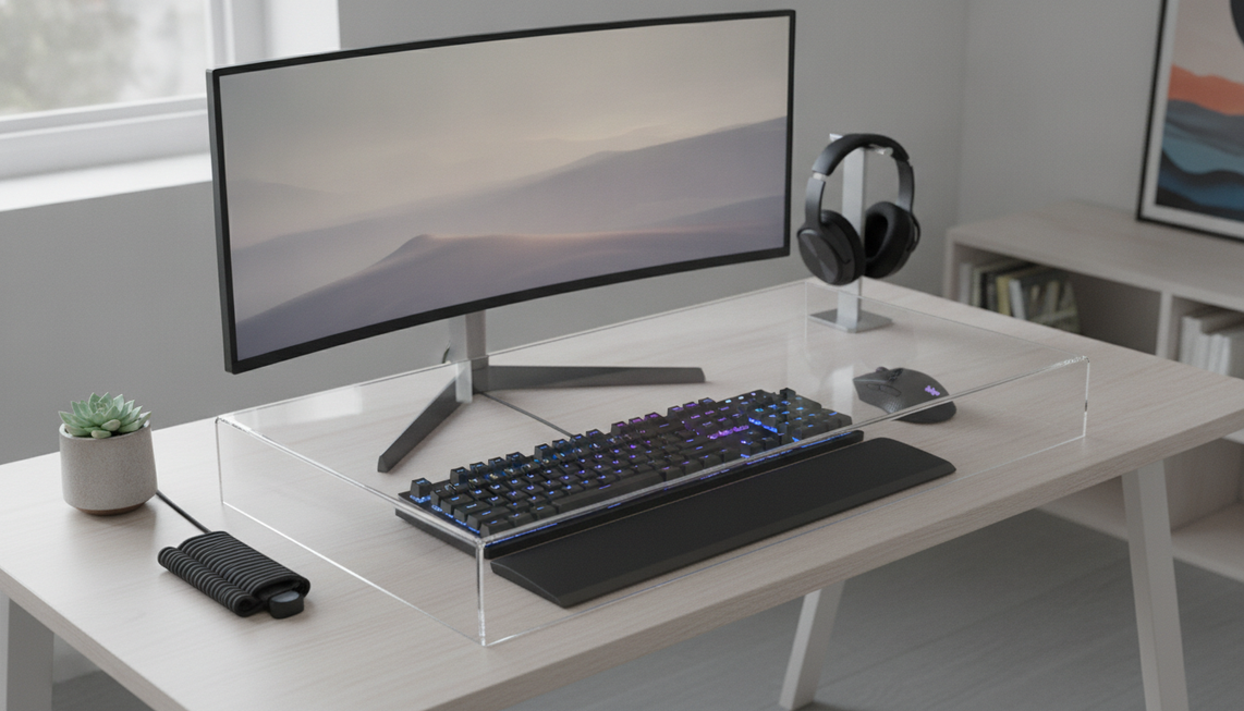 Keyboard dust cover over a clean, dry gaming keyboard on a desk, showing fit around the full setup