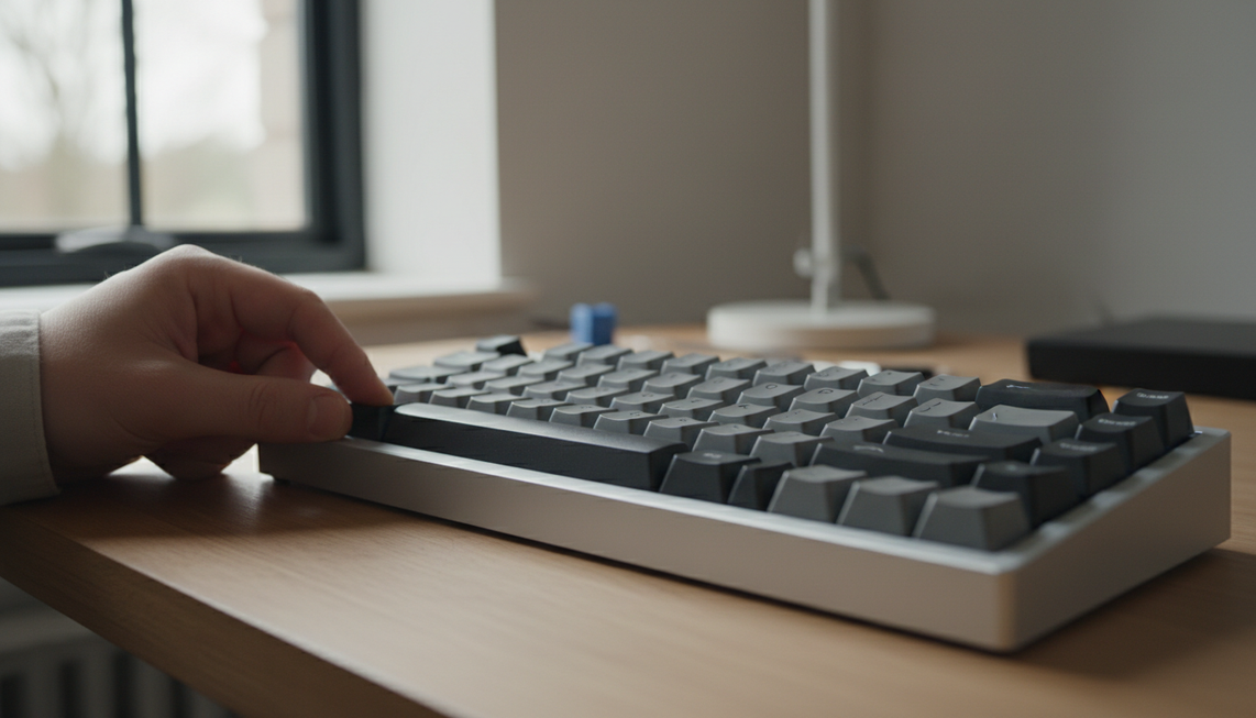 Keyboard spacebar stabilizer inspection on a mechanical keyboard, with fingertips pressing the long key at different points to compare rattle and balance
